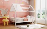 Full Size Wood House Bed with Fence; White